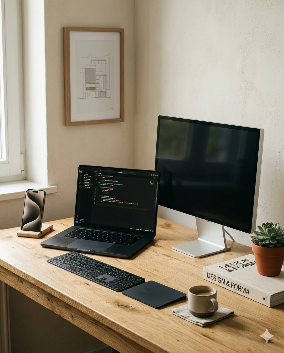 Scrivania di Ivan Zdrilich con MacBook Pro e setup Apple developer